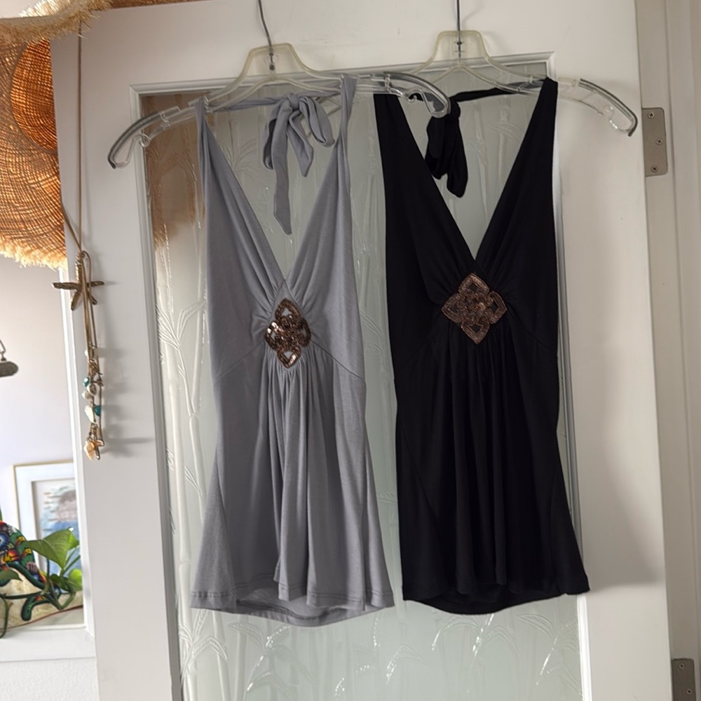 T-Party ⭐️ ! 2 Elegant Halter Tops - Red, Gray, and Black